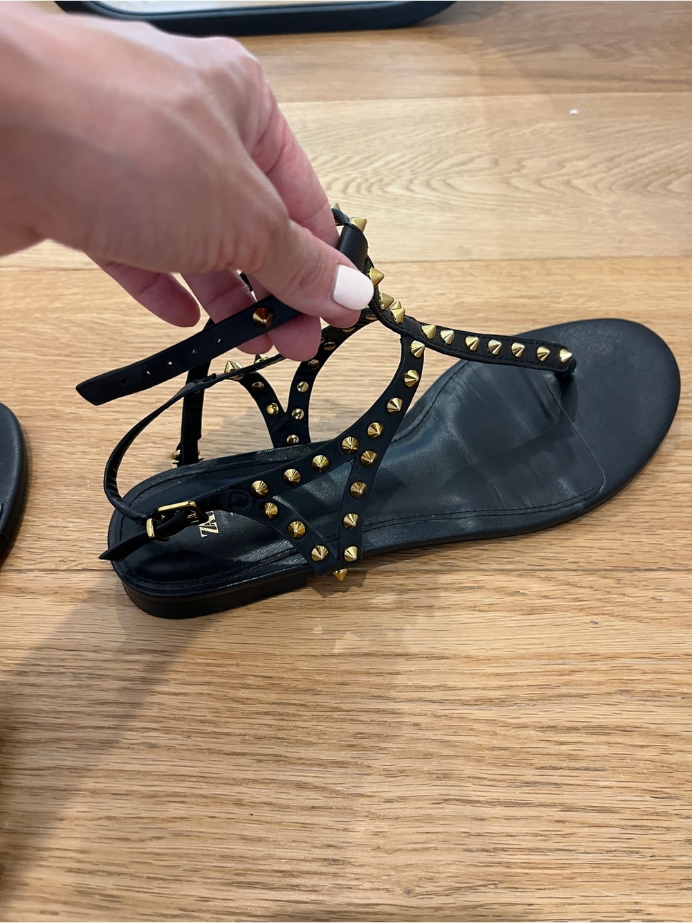 Zara Black T-Strap Studded Sandals with Gold Accents 37 or 6.5